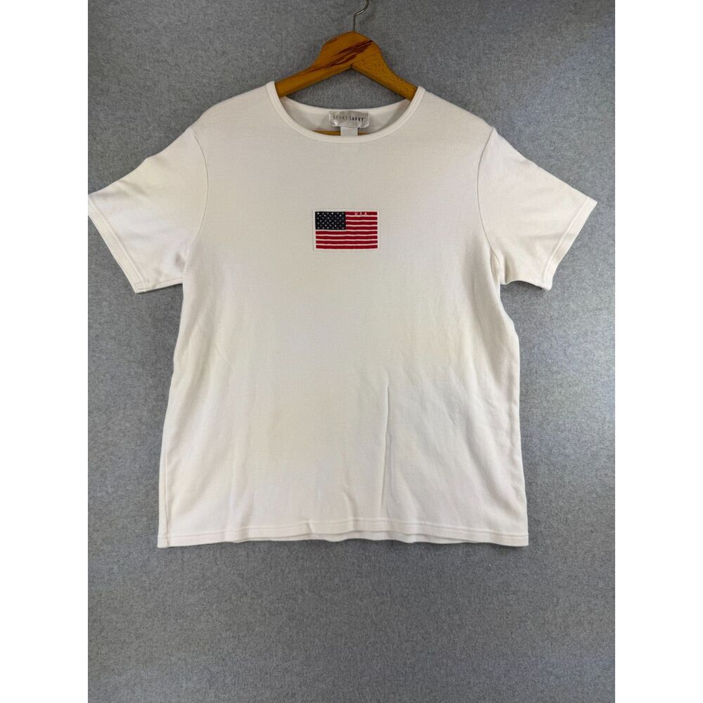 Sport Savvy Women’s Large White USA Flag Rhinestone Y2K T-Shirt 3684